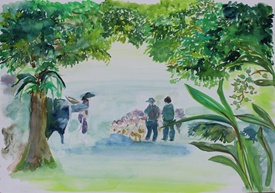 木陰の下で水牛とスタッフ、来園者の一団を水彩で描いたビオスの丘の風景