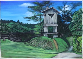 ビオスの丘の緑の丘に建つ高床の木造小屋と園路、青空と樹木を描いた風景スケッチ