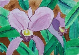薄紫の大きな花を画面いっぱいに描き、緑の葉と茶色の背景を力強い色面で構成したスケッチ作品