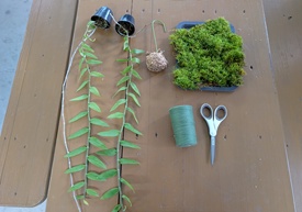 苔玉体験で使用する資材一式（苔・緑糸・ハサミ・フック・苗など）