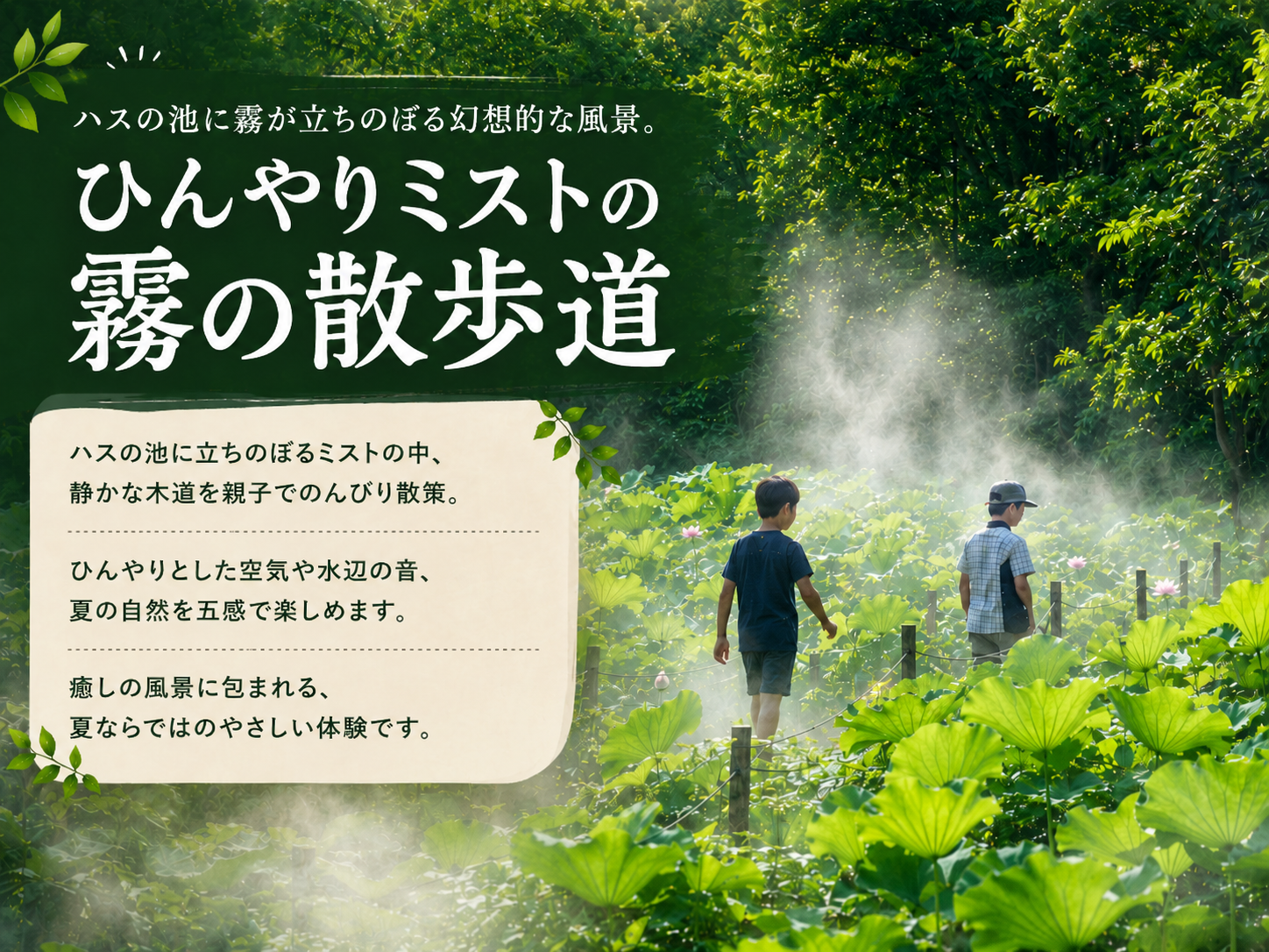 霧の散歩道 ハスの池に霧が立ちのぼる幻想的な夏の風景