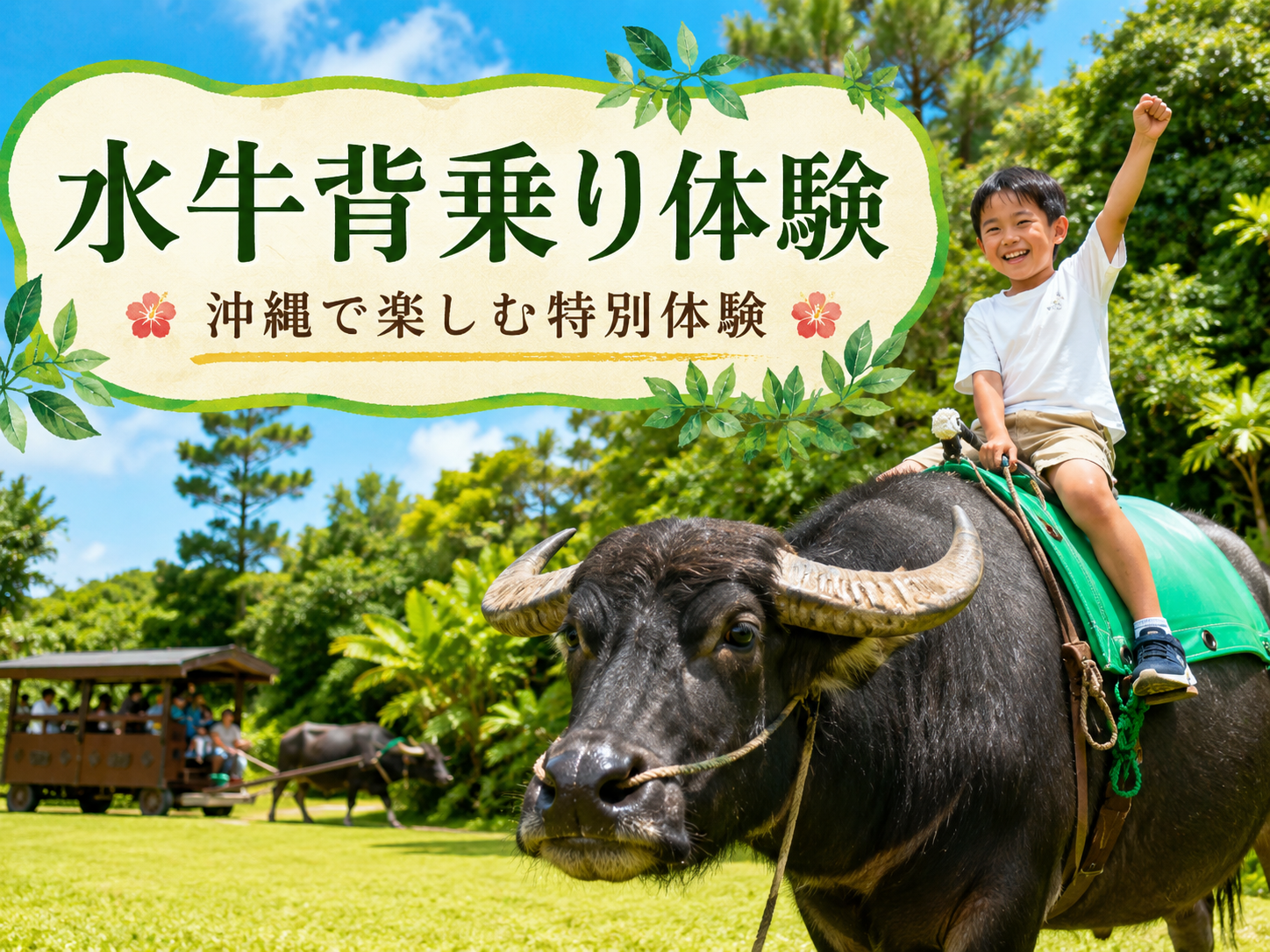 水牛背乗り体験で子どもが水牛の背中に乗り、園内の景色と一緒に楽しんでいる様子